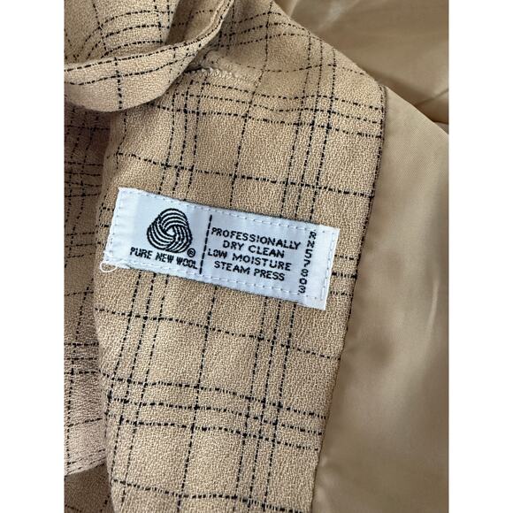 Women’s Vintage 90s Tan Windowpane Holiday Plaid Wool Blazer Suit Jacket Medium - Picture 3 of 6